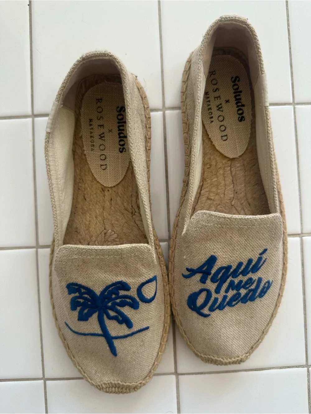 Soludos Natural Canvas Kids Moccasins with Blue Embroidery